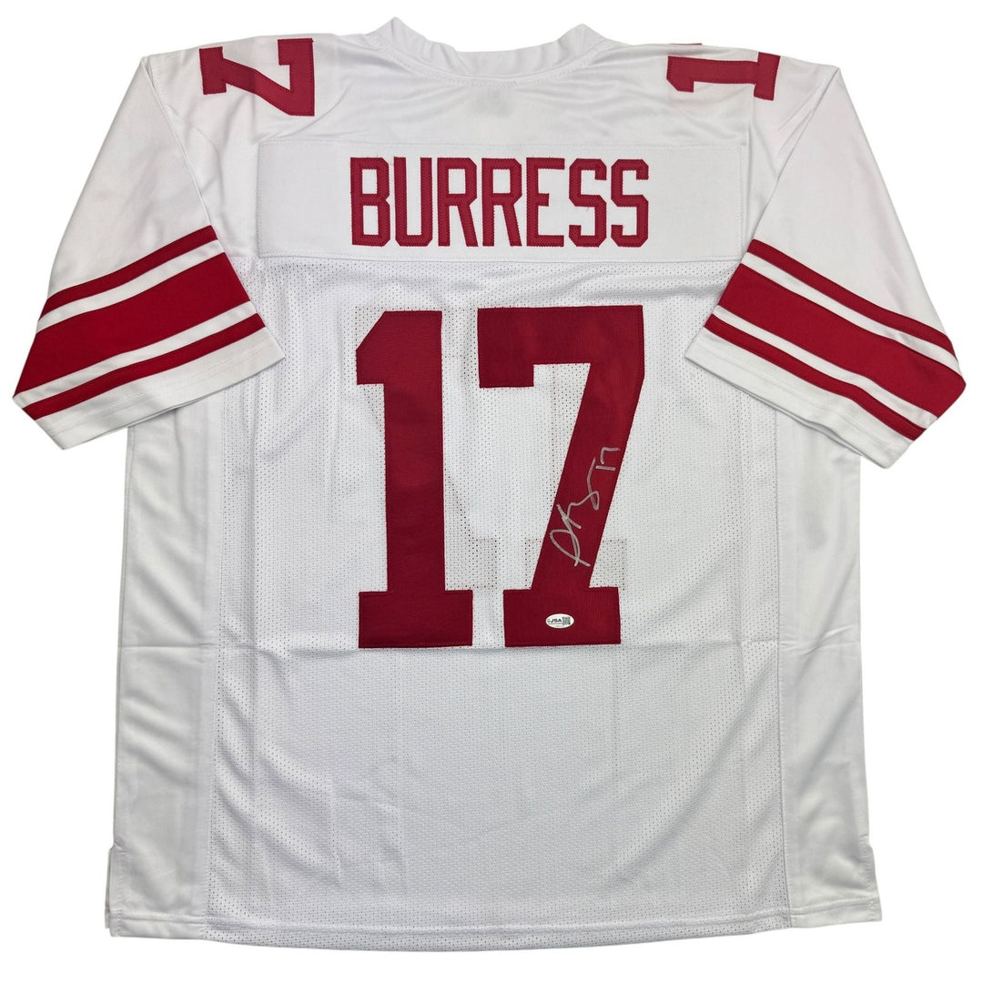Autographed/Signed Plaxico Burress New York White Football Jersey JSA COA