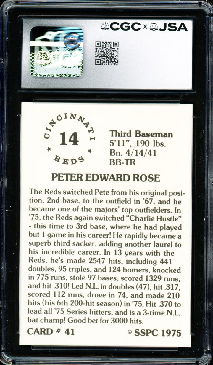 Pete Rose Auto Signed 1976 SSPC Card 41 Reds Card 8.5 Auto GM 10 CGC x JSA