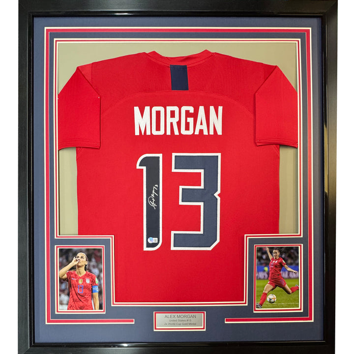 Framed Autographed/Signed Alex Morgan 35x39 Red World Cup Jersey JSA COA