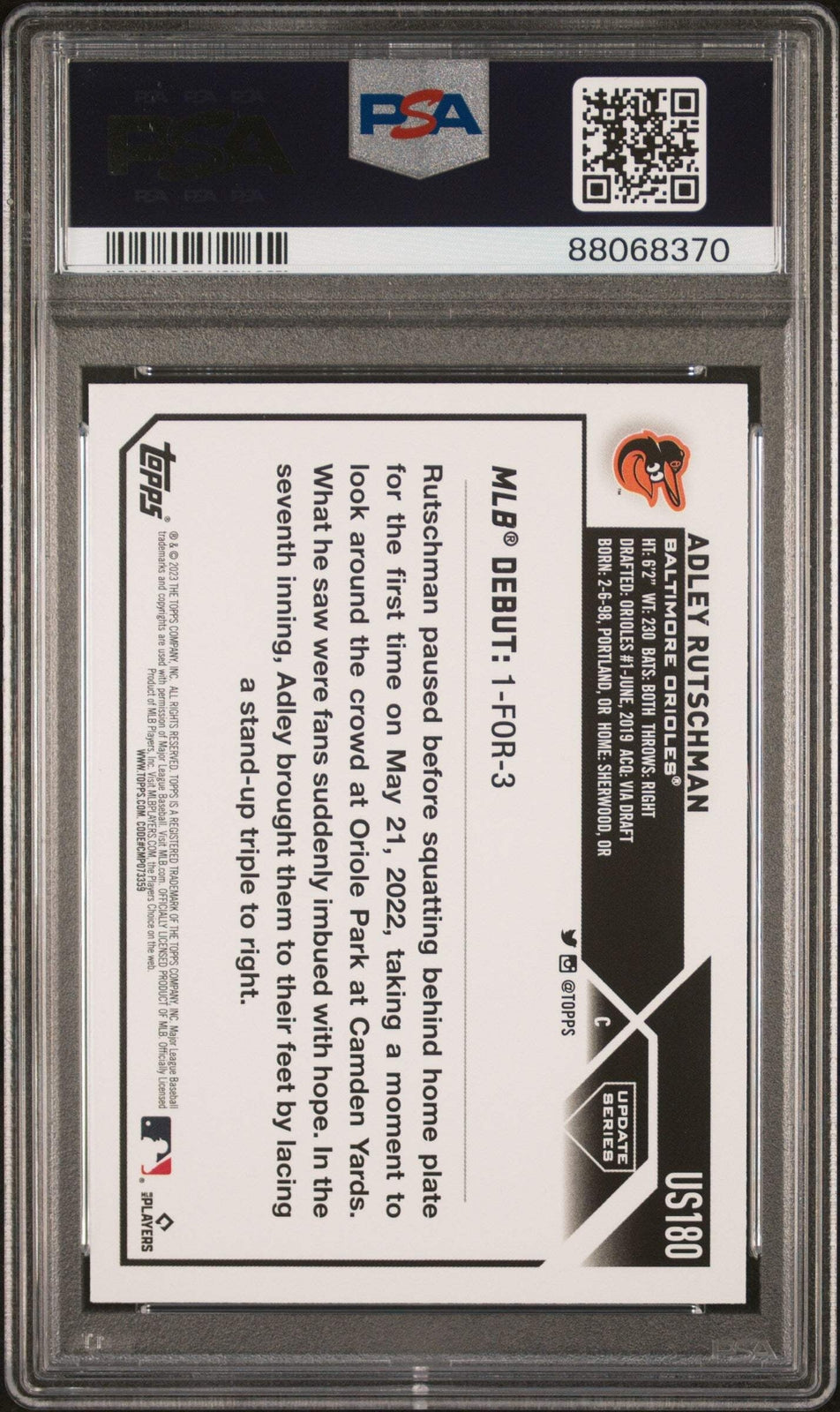Graded 2023 Topps UPD Adley Rutschman #US180 O&B Foil RC Baseball Card PSA 10