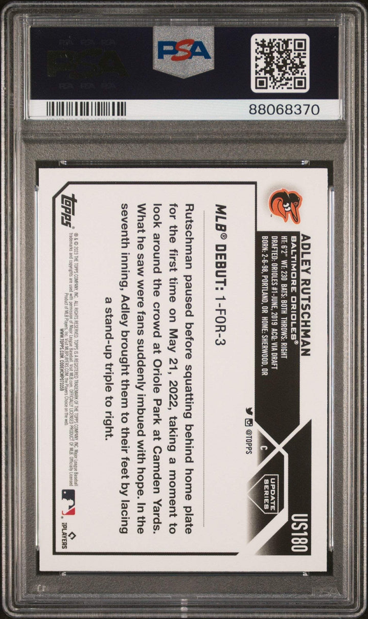 Graded 2023 Topps UPD Adley Rutschman #US180 O&B Foil RC Baseball Card PSA 10