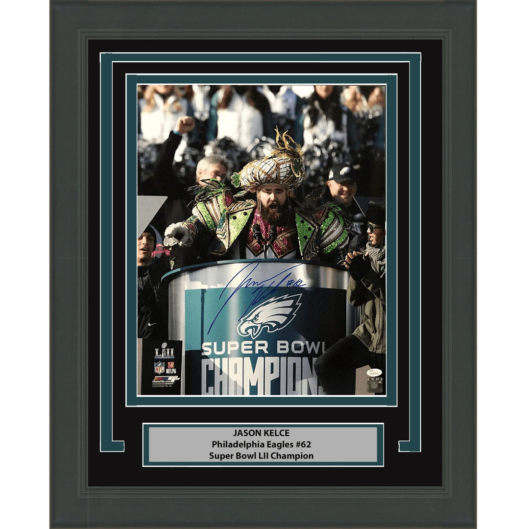 Framed Autographed Jason Kelce SB Parade Speech Eagles 8x10 Photo PSA COA