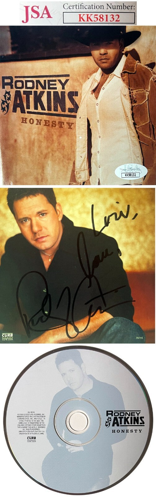 Rodney Atkins signed 2003 Honesty Album Inside Cover w/ CD & Case To Lori- JSA