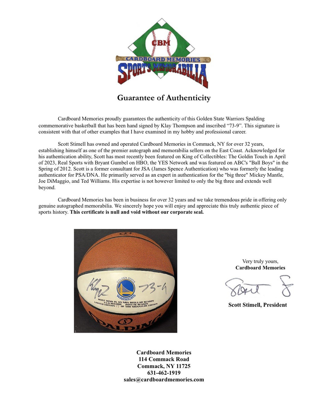 Klay Thompson Signed Spalding Basketball Warriors Record 73-9 Autograph LE COA