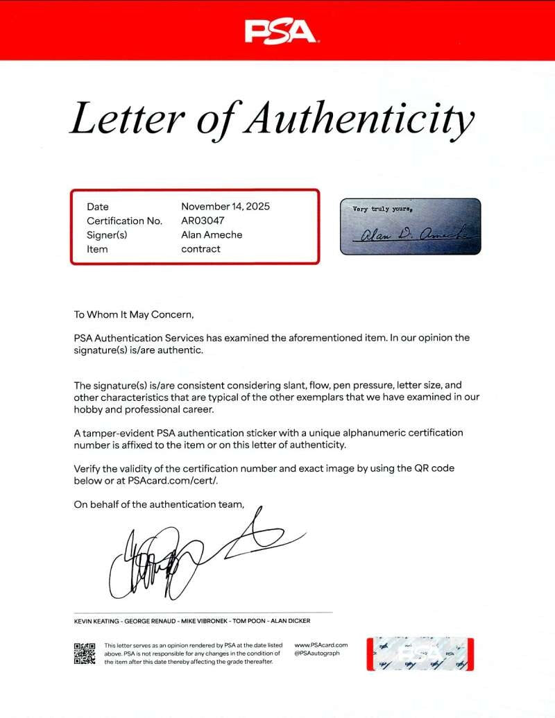 Alan Ameche PSA DNA Autograph Greatest Sports Thrill Contract Signed