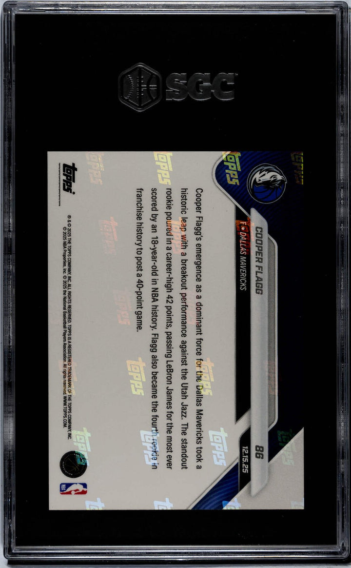 Graded 2025 Topps Now Cooper Flagg #86 Rookie RC Basketball Card SGC 10 Gem Mint