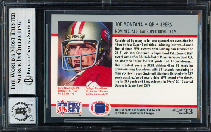 Joe Montana Signed 1990 Pro Set Supermen Card 33 49ers Auto GM 10 Beckett