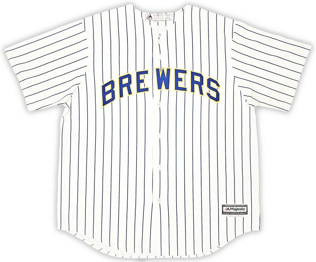 Brewers Christian Yelich Signed White Pinstripe Majestic Jersey Size XL JSA