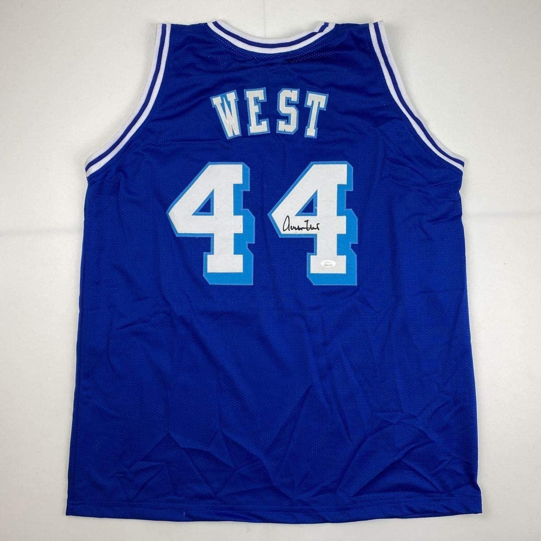 Autographed/Signed JERRY WEST Los Angeles LA Blue Retro Jersey JSA COA Auto