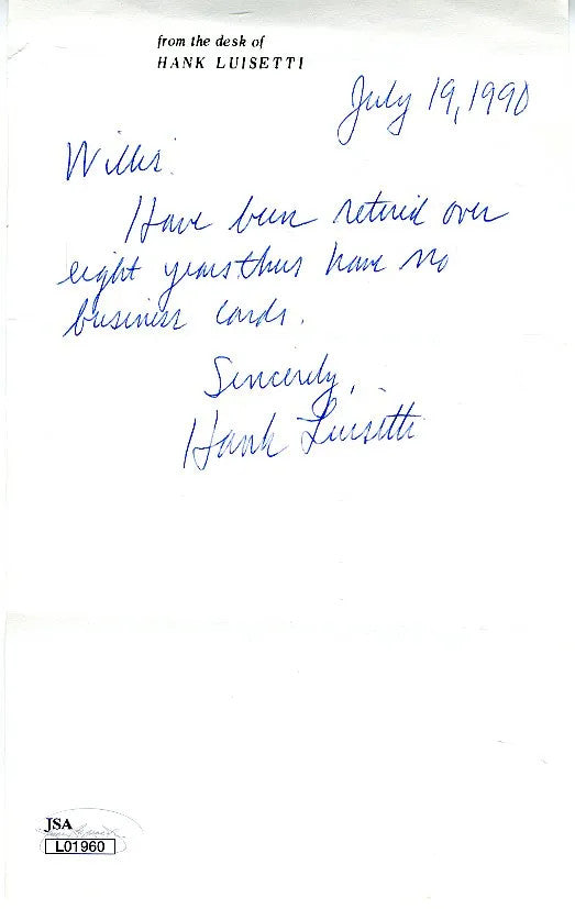 Hank Luisetti Jsa Authenticated Signed 1990 Letter Autograph