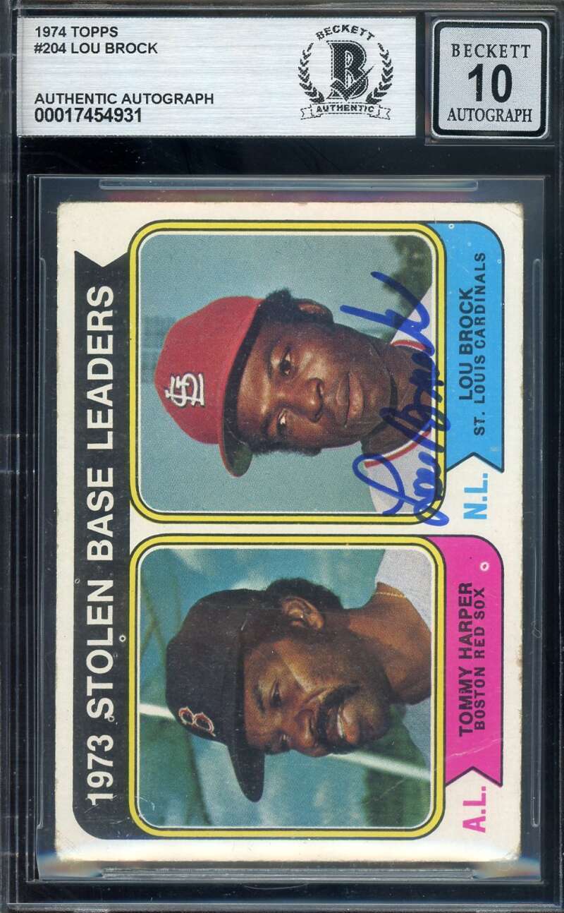 Lou Brock Gem Mint 10 Beckett BAS Signed 1974 Topps 1973 Leaders Autograph