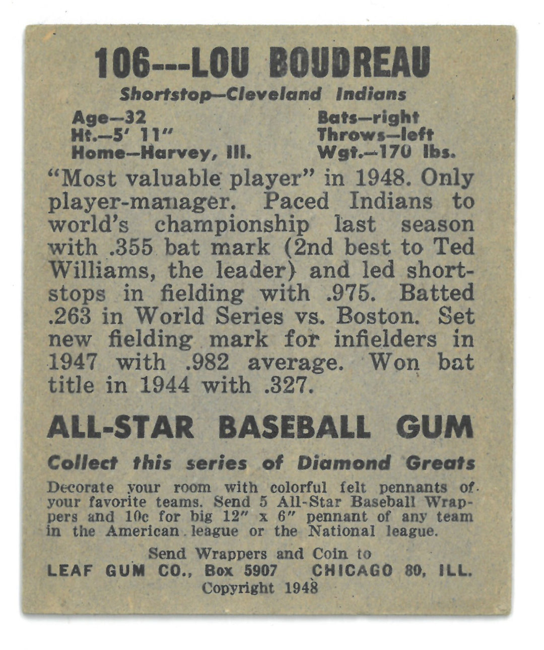 Lou Boudreau 1948 Leaf Baseball Card #106 (Cleveland Guardians)