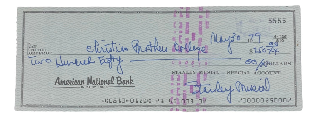 Stan Musial St. Louis Cardinals Signed  Bank Check #5555 BAS