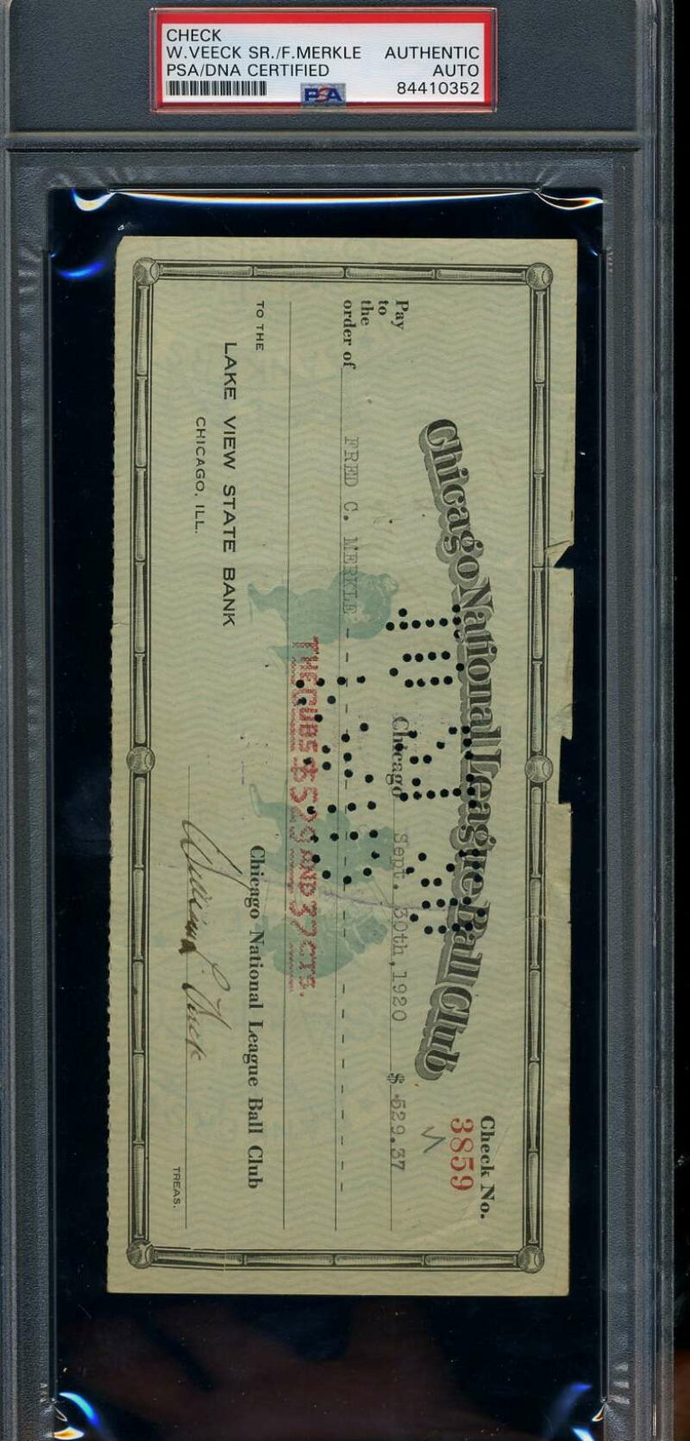 Fred Merkle PSA DNA Coa Signed 1920 Chicago Cubs Payroll Check 2 Autograph