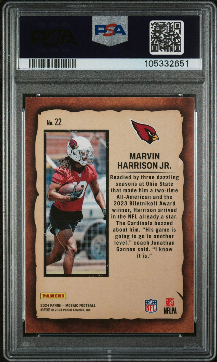 Graded 2024 Panini Mosaic Marvin Harrison Jr #22 Notoriety Football Card PSA 10