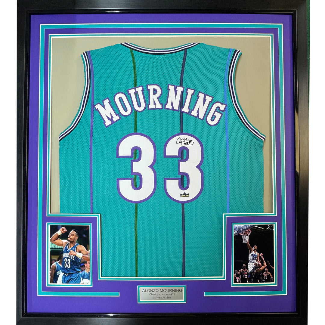 Framed Facsimile Autographed Alonzo Mourning 35x39 Charlotte Teal Reprint Jersey