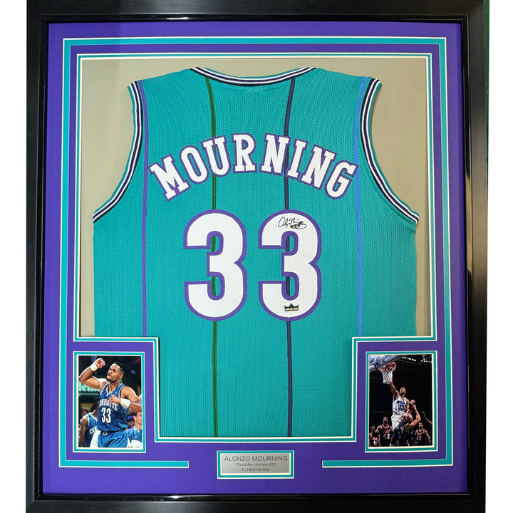 Framed Facsimile Autographed Alonzo Mourning 35x39 Charlotte Teal Reprint Jersey
