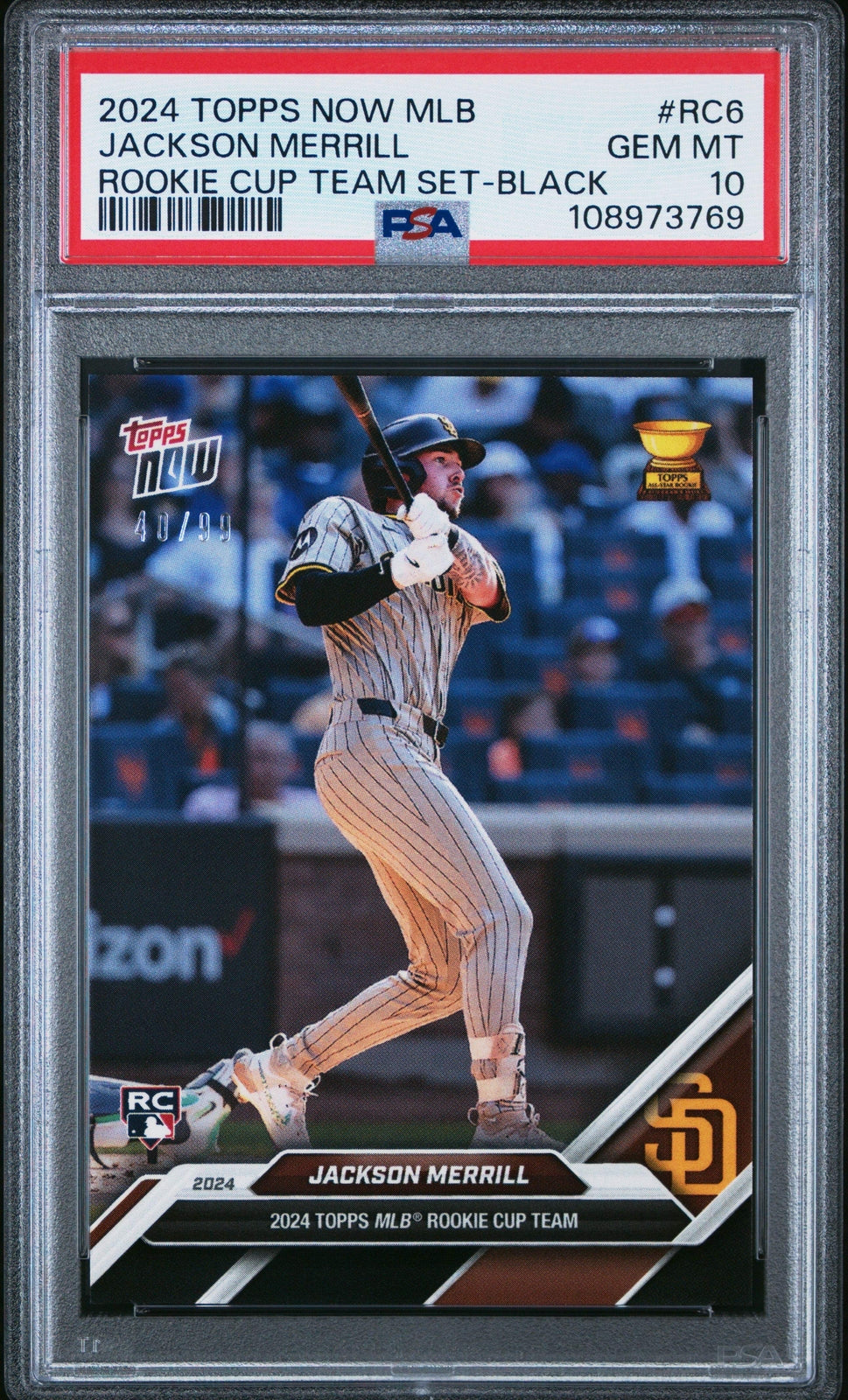 Graded 2024 Topps Now Jackson Merrill #RC6 Black /99 Rookie Baseball Card PSA 10