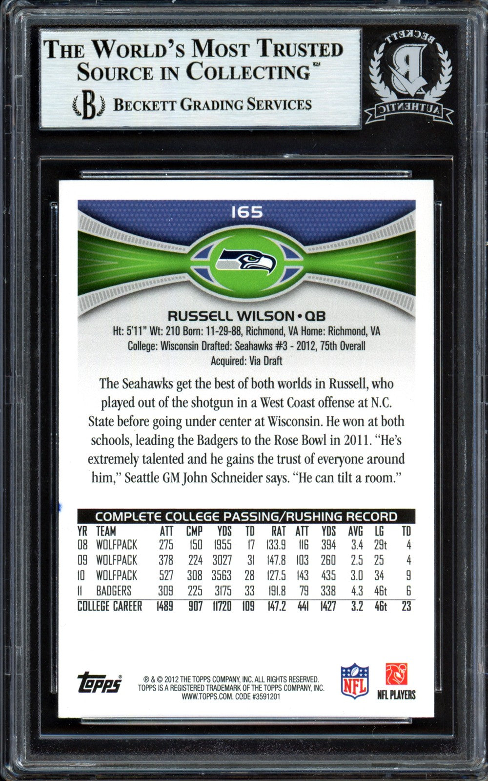 Russell Wilson Signed 2012 Topps RC 165 Seattle Seahawks Beckett #13447102