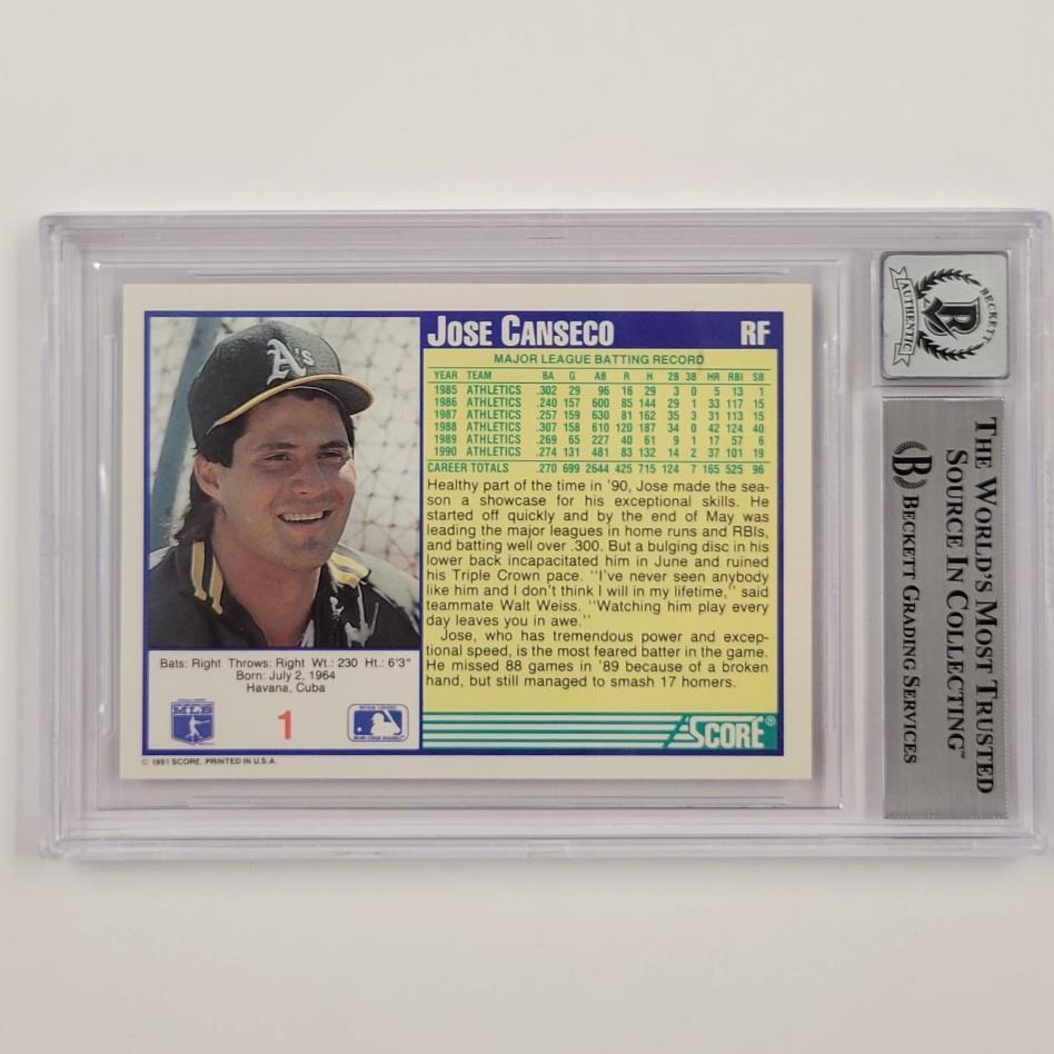 Jose Canseco signed 1991 Score #1 card autograph 599 Oakland A's BGS BAS 10 auto