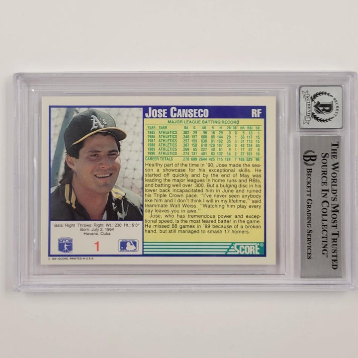 Jose Canseco signed 1991 Score #1 card autograph 599 Oakland A's BGS BAS 10 auto