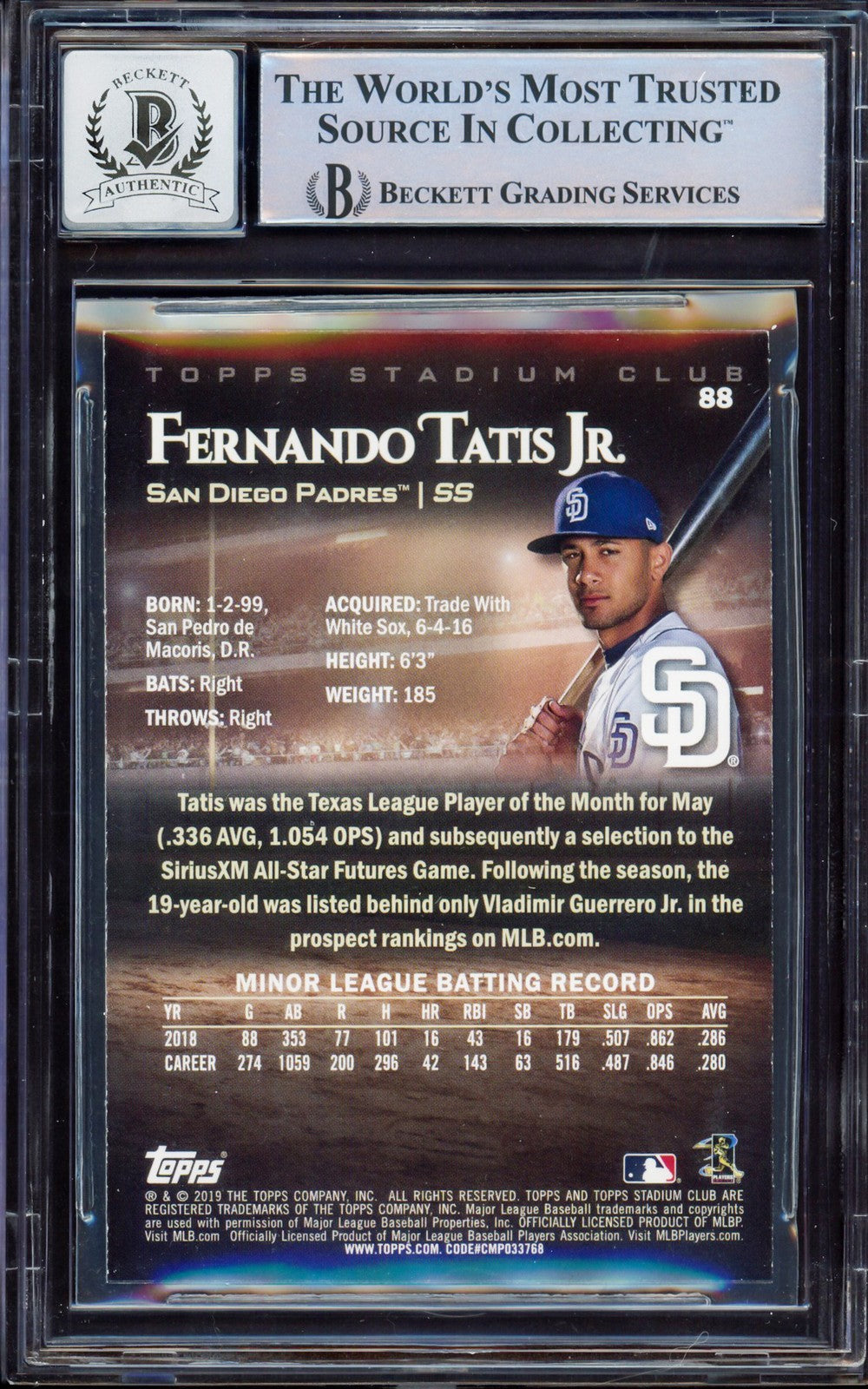 Fernando Tatis Jr. Signed 2019 Topps Stadium RC 88 Padres BGS 8.5 Sig 10 Beckett