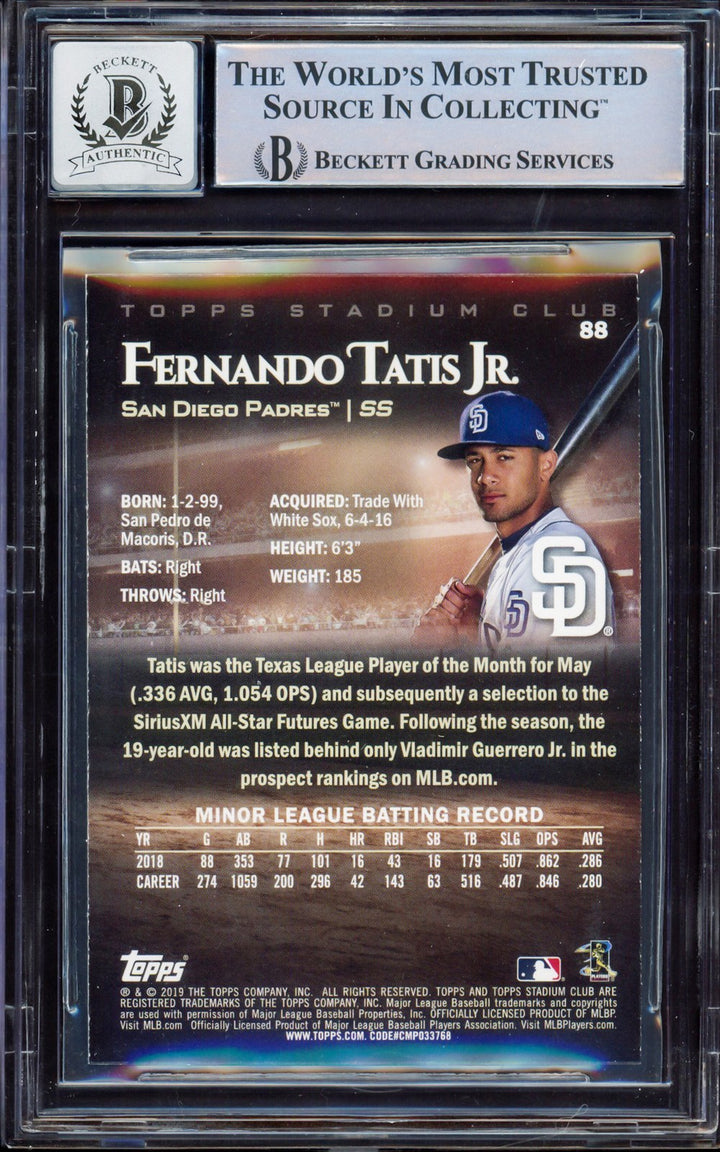 Fernando Tatis Jr. Signed 2019 Topps Stadium RC 88 Padres BGS 8.5 Sig 10 Beckett