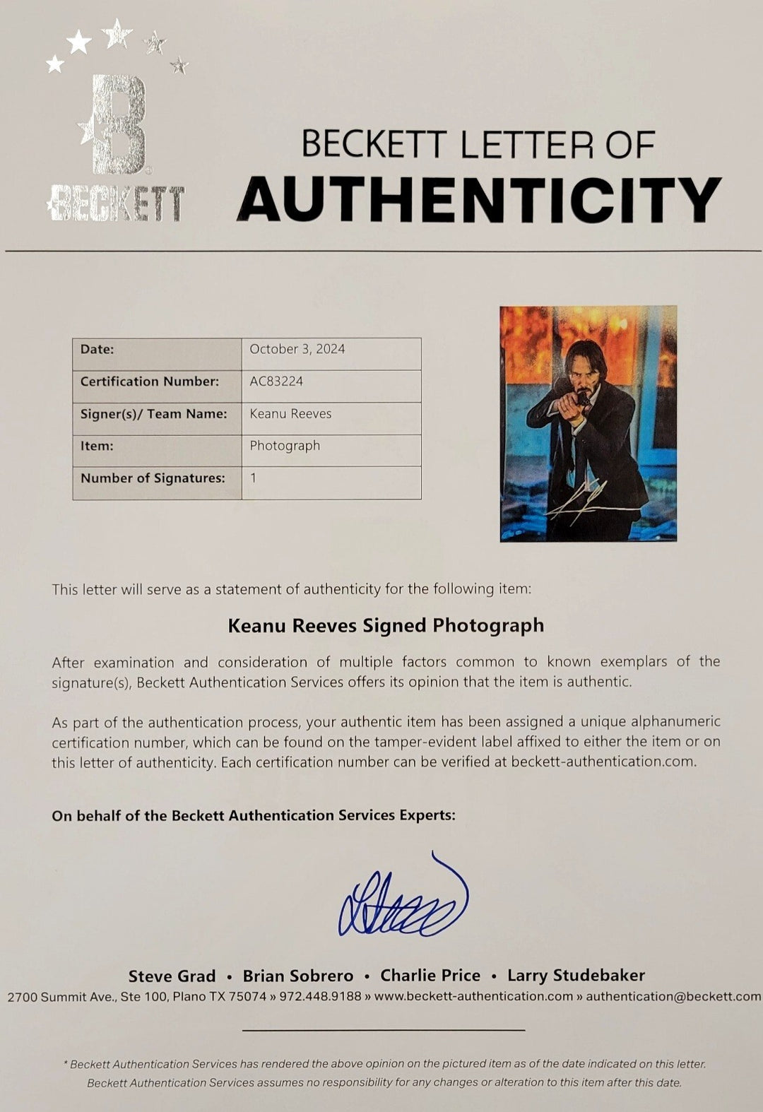 Keanu Reeves signed John Wick 11x14 photo poster autograph ~ Beckett BAS