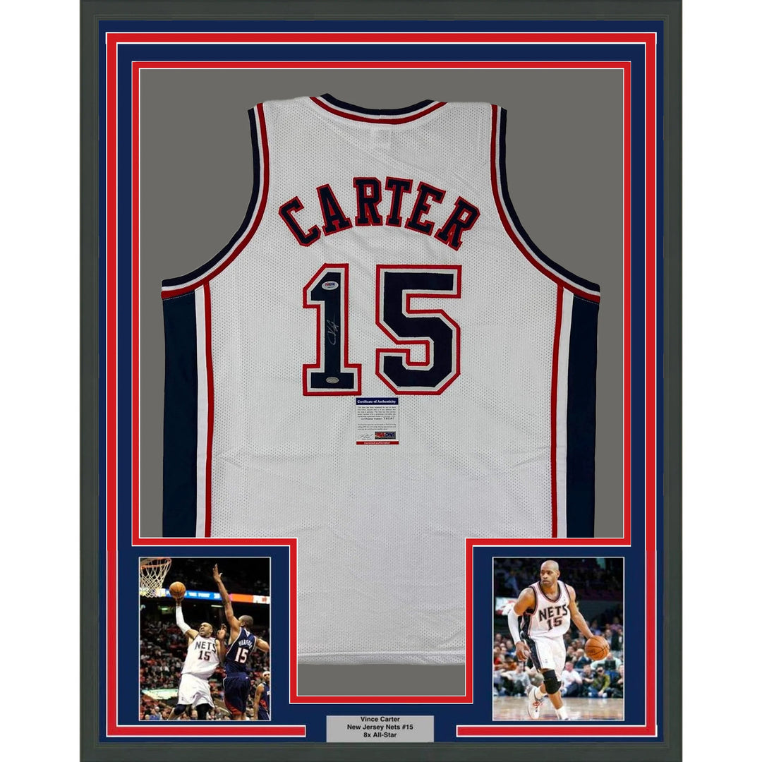 Framed Autographed/Signed Vince Carter 33x42 New Jersey White Jersey PSA COA