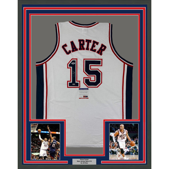 Framed Autographed/Signed Vince Carter 33x42 New Jersey White Jersey PSA COA