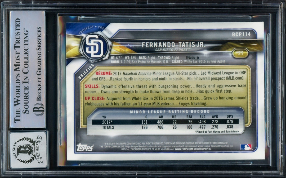 Fernando Tatis Jr. Signed 2018 Bowman Chrome RC BCP114 Padres Auto 10 Beckett