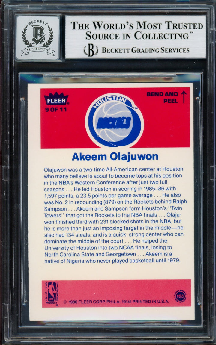 Hakeem Olajuwon Signed 1986-87 Fleer Stickers RC 9 Rockets Auto 10 Beckett