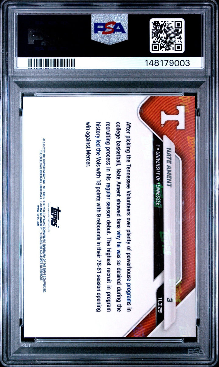 Graded 2025 Topps Bowman U Now Nate Ament #3 Gold Foil /50 RC Card PSA 10