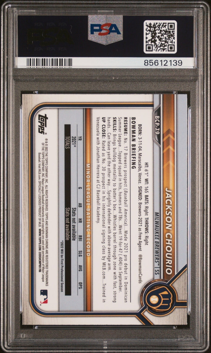 Graded 2023 Bowman Jackson Chourio #BCP79 Chrome Pros RC Card PSA 10