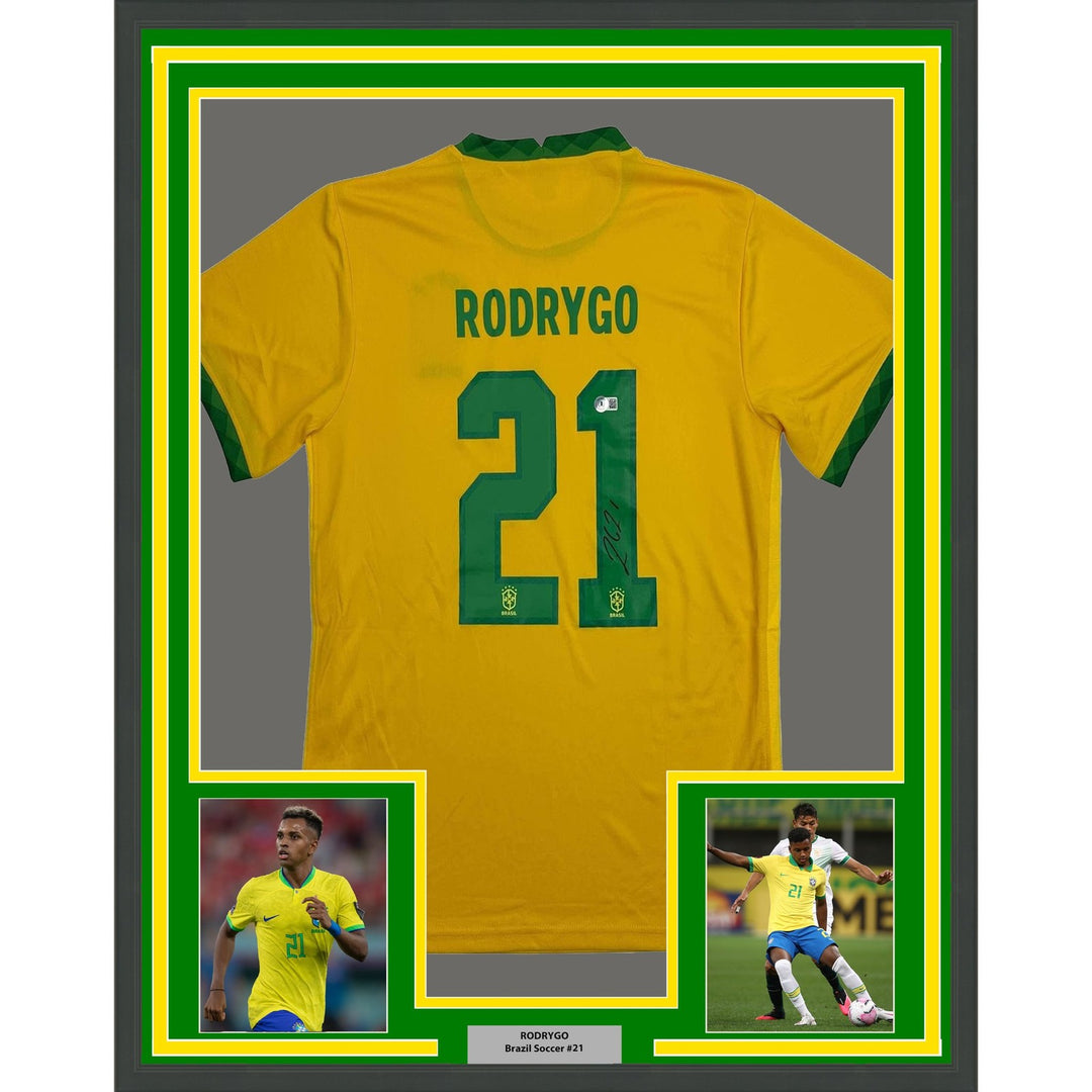 Framed Autographed/Signed Rodrygo Silva de Goes 35x39 Brazil Jersey BAS COA