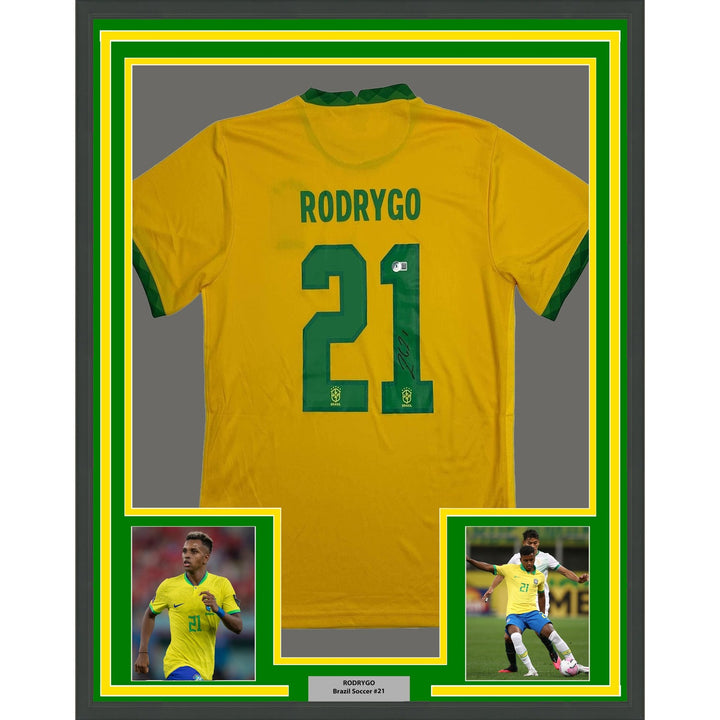 Framed Autographed/Signed Rodrygo Silva de Goes 35x39 Brazil Jersey BAS COA