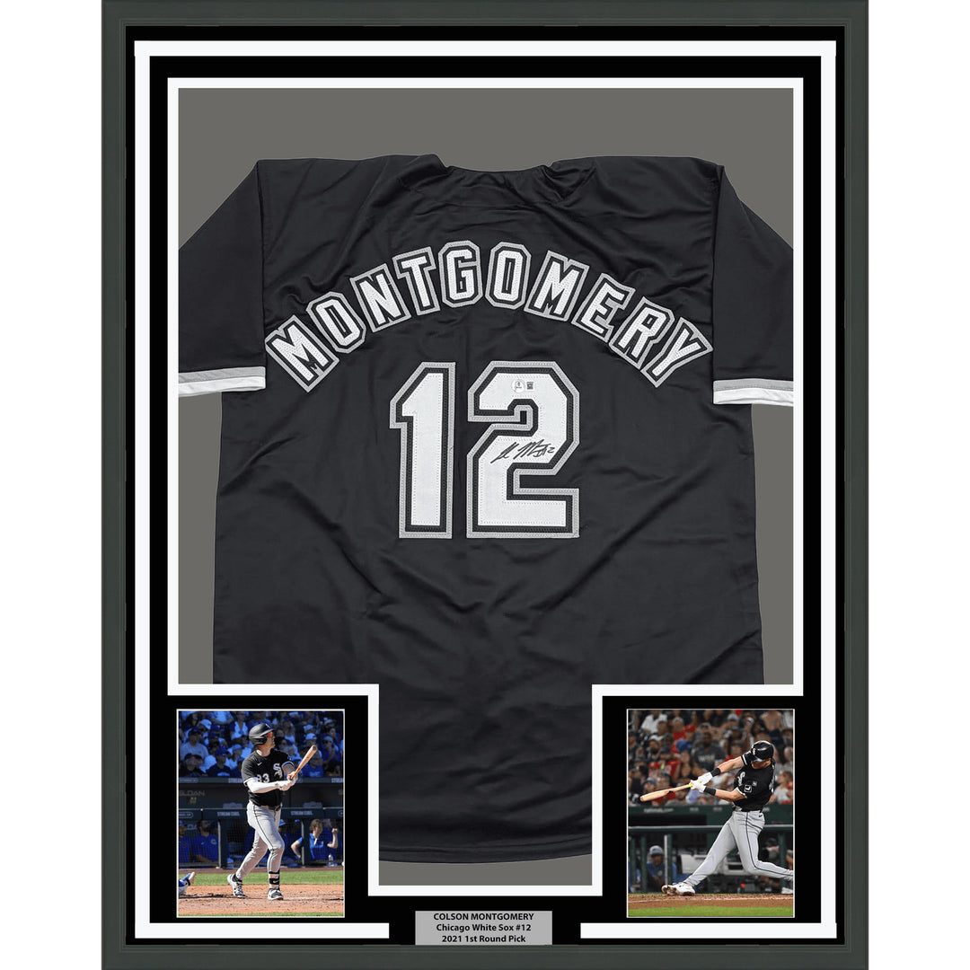 Framed Autographed Colson Montgomery 35x39 Chicago Black Jersey BAS COA