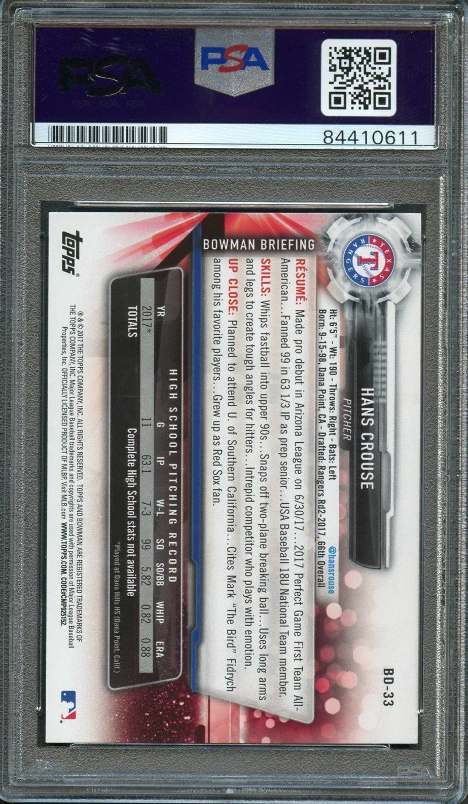 2017 Bowman Draft 1st #BD-33 HANS CROUSE Signed Card AUTO Grade 10 PSA Slabbed R