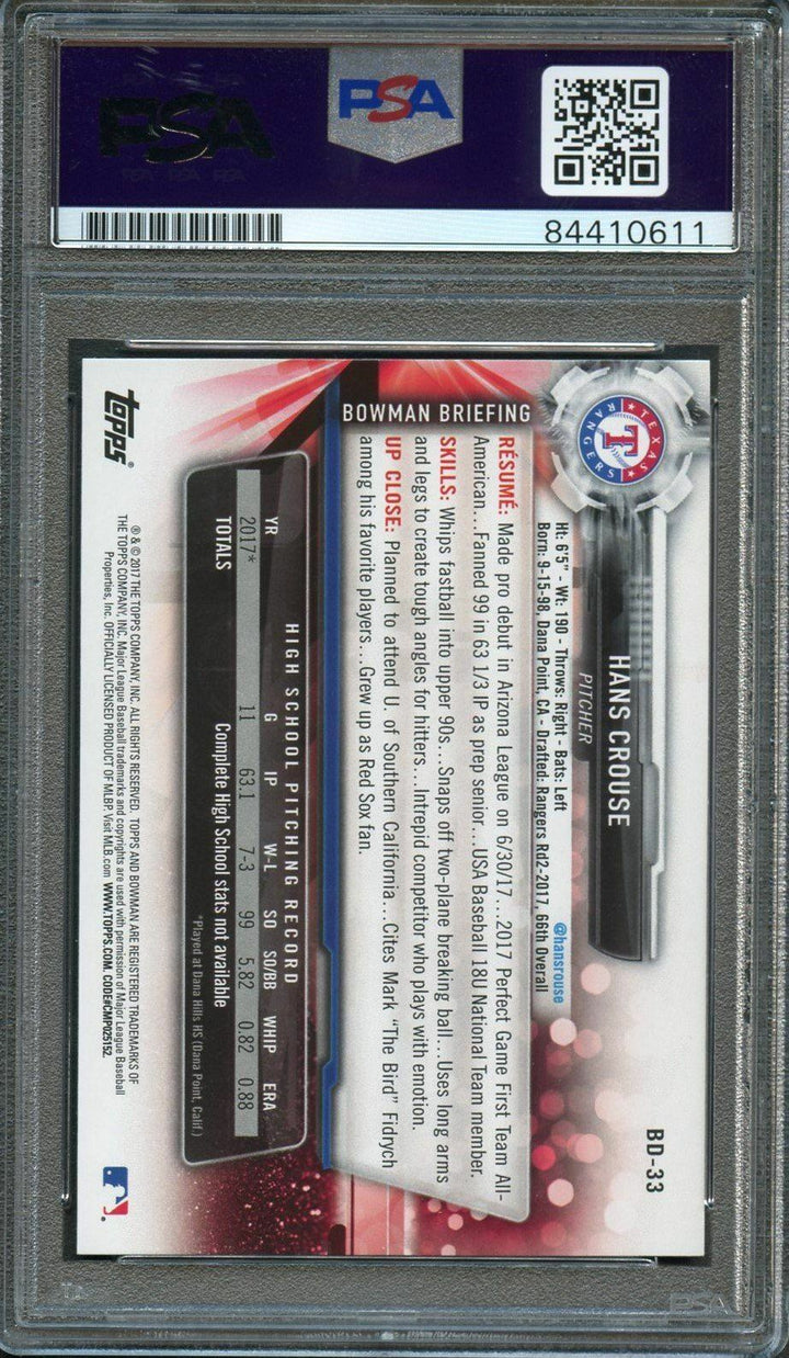 2017 Bowman Draft 1st #BD-33 HANS CROUSE Signed Card AUTO Grade 10 PSA Slabbed R