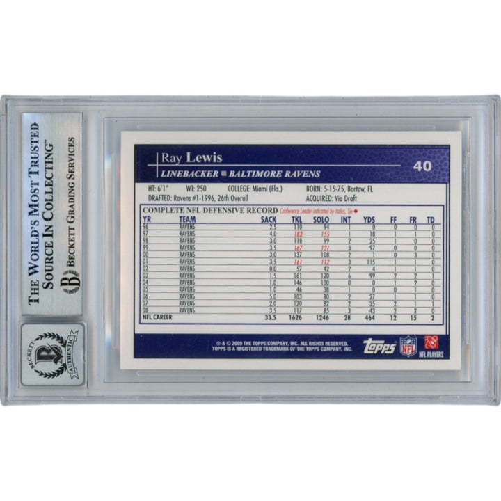 Ray Lewis Autographed/Signed 2009 Topps #40 Slabbed Trading Card Beckett 50011