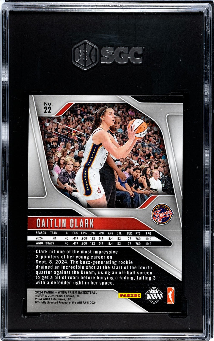 Caitlin Clark 2024 Panini Prizm WNBA Rookie Card (RC) #22- SGC Graded 9.5 Mint+