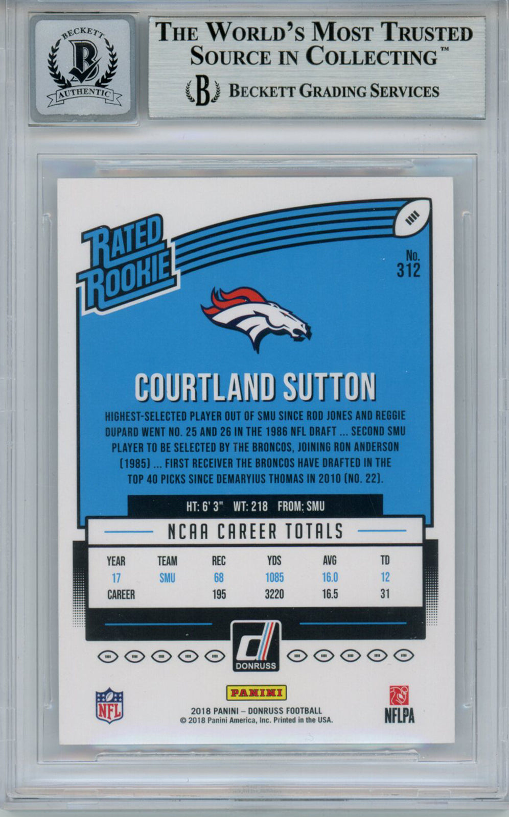 Courtland Sutton Signed 2018 Donruss #312 Rookie Card Beckett 10 Slab 35012