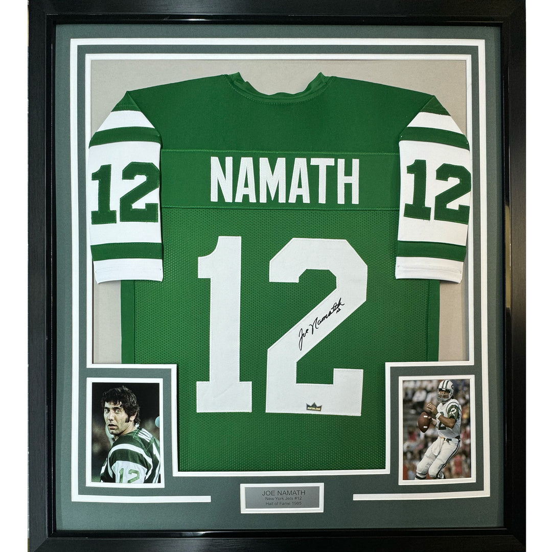 Framed Facsimile Autographed Joe Namath 33x42 Green Reprint Laser Auto Jersey