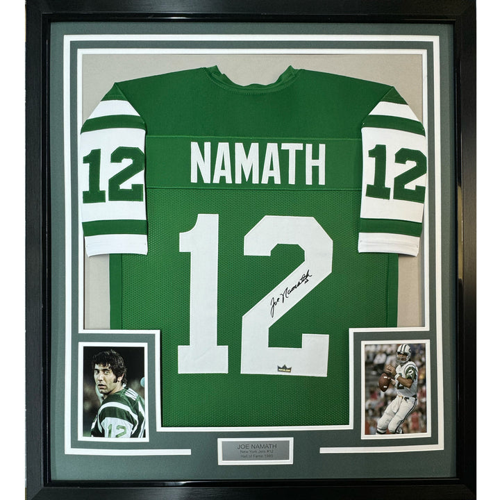 Framed Facsimile Autographed Joe Namath 33x42 Green Reprint Laser Auto Jersey