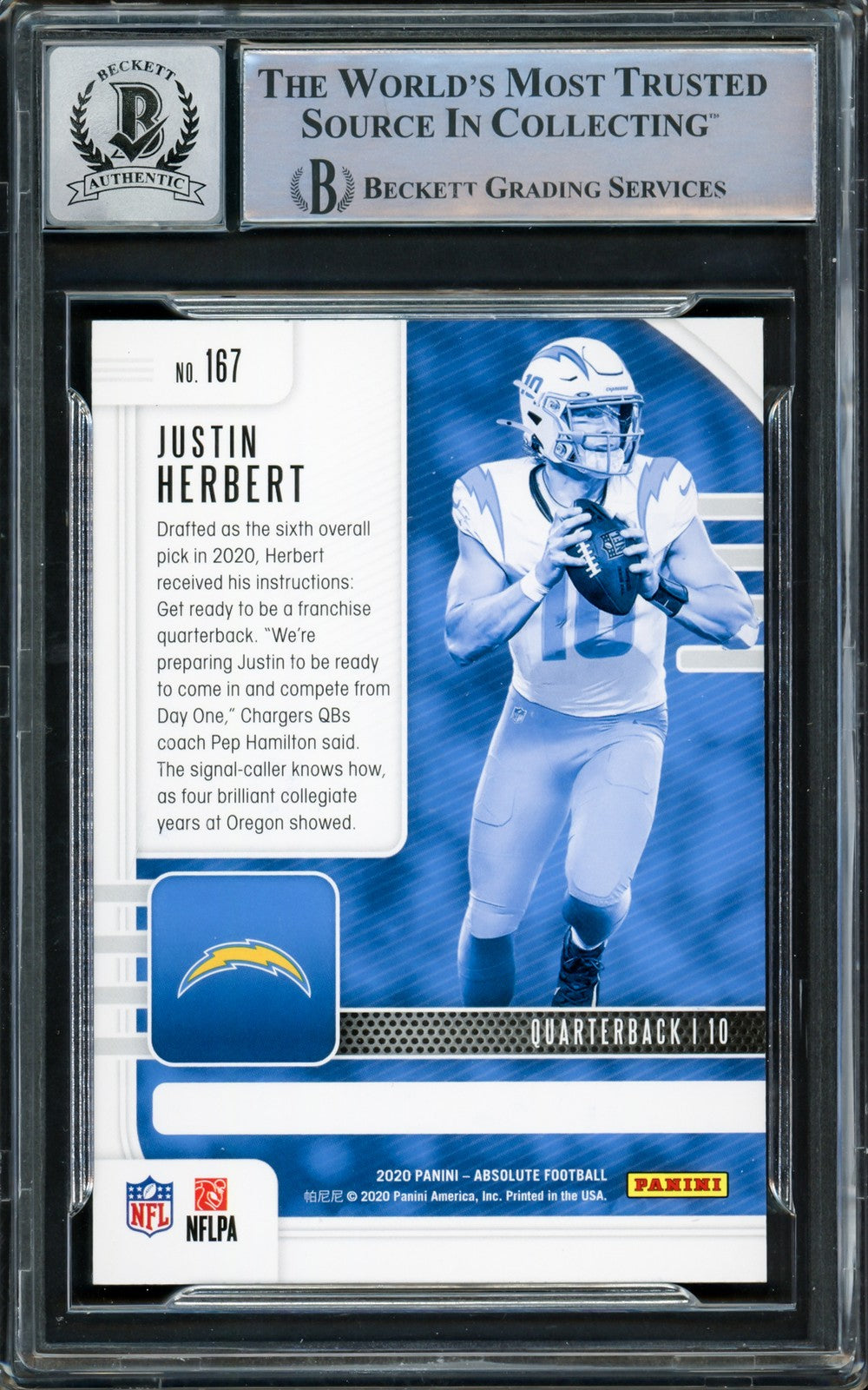 Justin Herbert Signed 2020 Panini Absolute RC #167 Chargers Auto 10 Beckett
