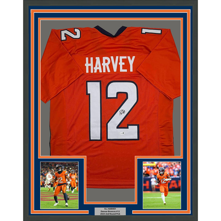 Framed Autographed/Signed R.J RJ Harvey 35x36 Denver Orange Jersey JSA COA