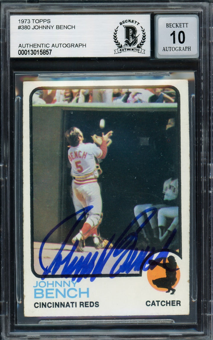 Johnny Bench Signed 1973 Topps Card 380 Reds Auto GM 10 Beckett #13015857