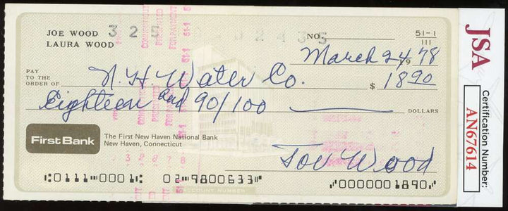 Joe Wood JSA Cert Signed 1978 Personal Check Autograph