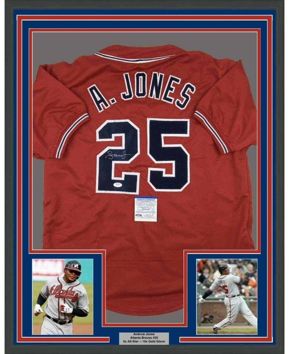 Framed Autographed/Signed Andruw Jones 33x42 Atlanta Red Jersey PSA/DNA COA