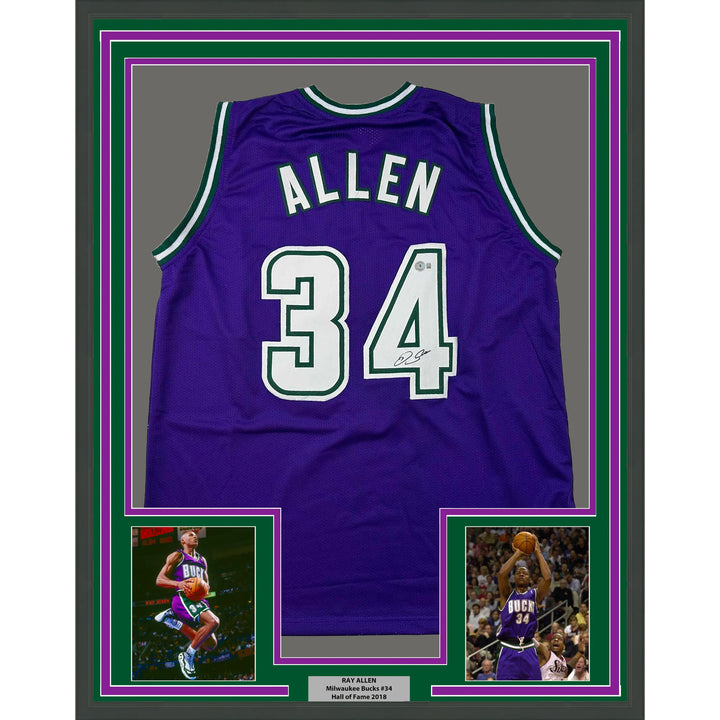 Framed Autographed/Signed Ray Allen 33x42 Milwaukee Purple Jersey BAS COA